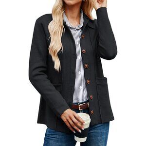 Women Knit Black Button Down  Blazer Sweater Jacket Long Sleeve Pockets Casual